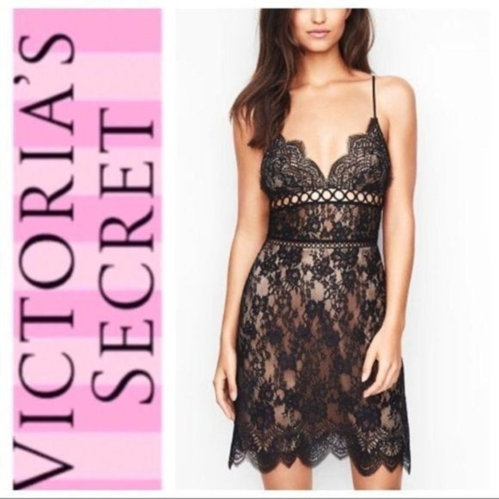 Victoria's Secret Floral Black Lace Nude Slip Dress